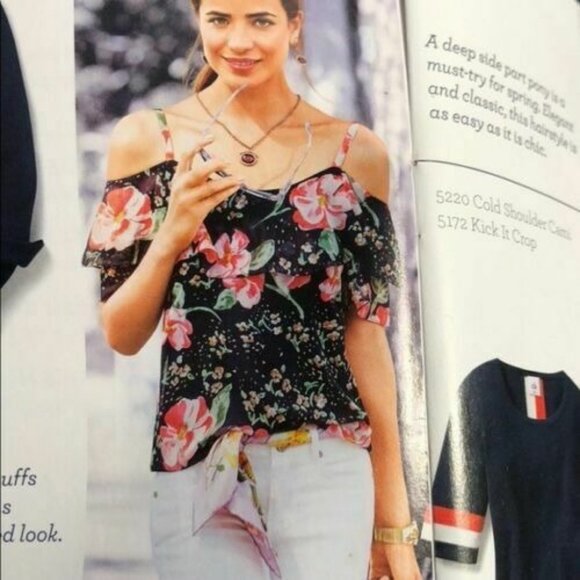 CAbi #5220 Top Fairy Tale Floral Pink Navy Blue XS Cold Shoulder Camisole - Picture 3 of 7